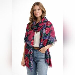 Tie Rack Wool Floral Scarf 52" X 52" Large Flower Print Wrap Shawl Boho Colorful